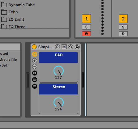 Screenshot of audio production software interface showing PAD and Stereo controls with numerical values.